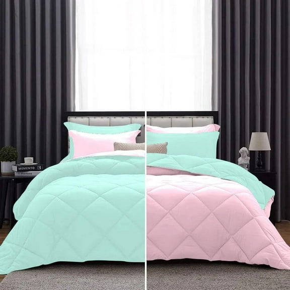 D.N.G. BEDDINGS 5 Piece Luxury Reversible Diamond Pattern Comforter Set Premium Super Soft, All Season 800 TC, 100% Egyptian Cotton Oversized Super King Size Aqua Blue-Light Pink Color