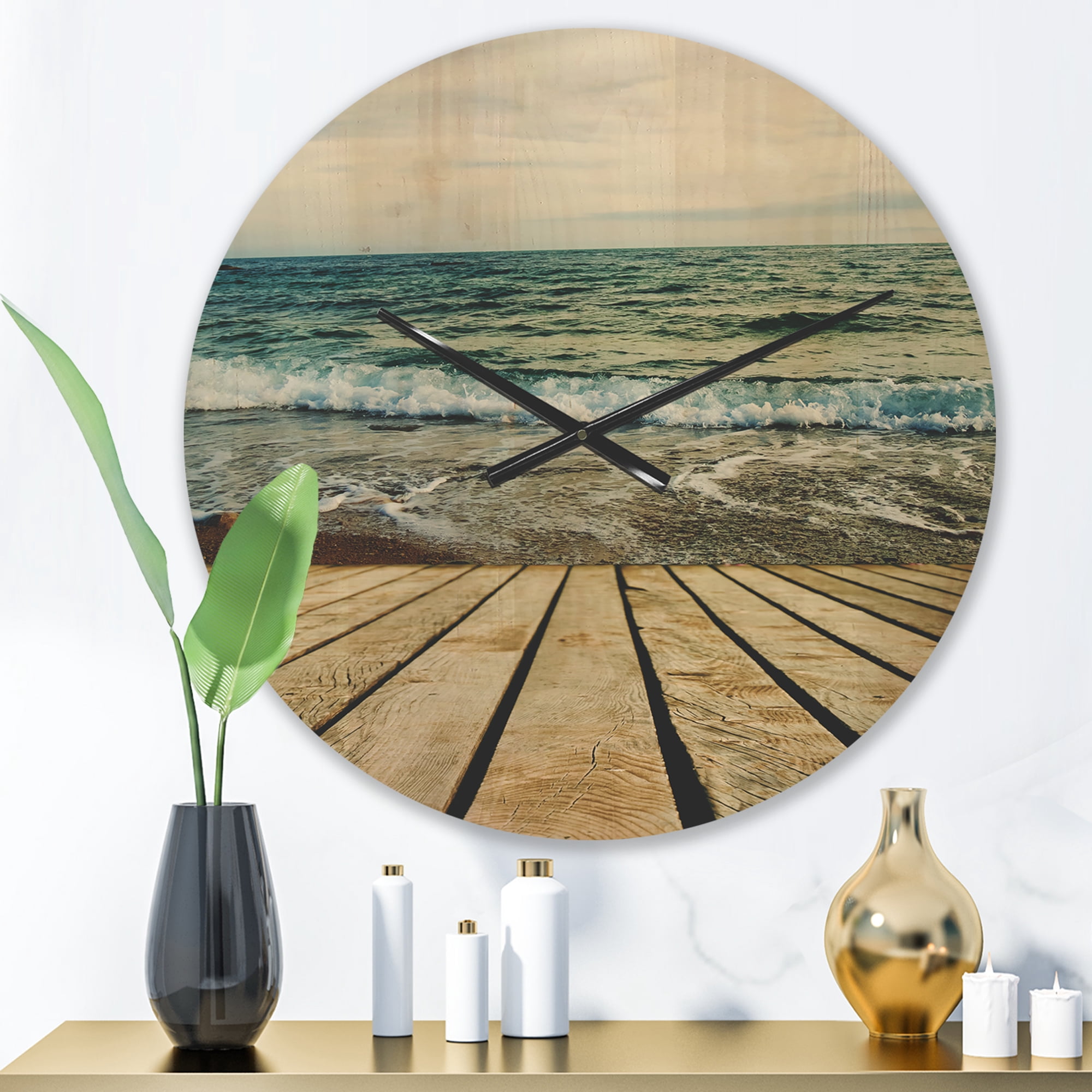 Designart 'Wooden Pier in Waving Sea At Bright Day' Modern Wood Wall Clock