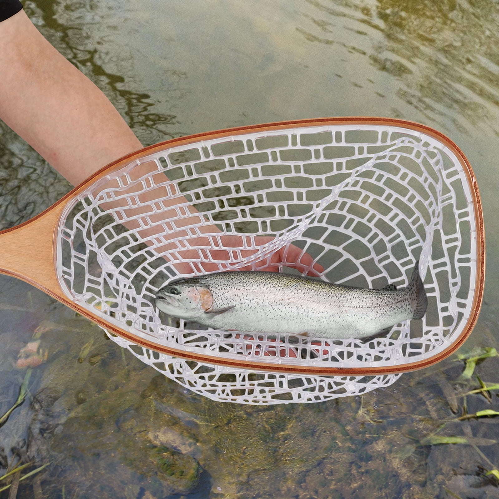 Wooden Fly Fishing Net - Soft White Silicone Mesh, Beech Wood Straight Handle, Lightweight, Durable, Safe Catch & Release, For Trout, Bass, Freshwater & Saltwater