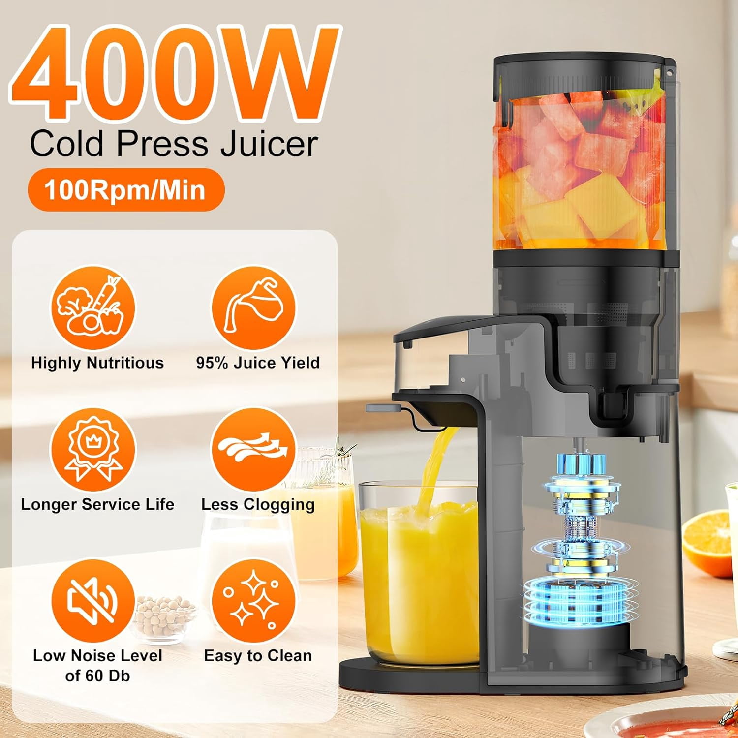 CFR637 Cold Press Juicer , 400W Slow Masticating Juicer with Wide Feed Chute for Whole Fruits and Vegetables, Easy to Clean Silver