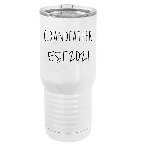 Grandfather Est. 2021 Established Stainless Steel Vacuum Double-Walled Insulated 20 Oz Tumbler Travel Coffee Mug with Clear Lid, White