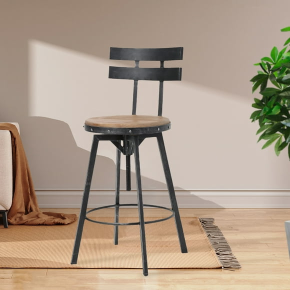 Smooth Back Barstool, Bar Stools With Wooded Seat Black Brush Silver, Swivel Metal Chair Perfect For Kitchen Or Home Bar
