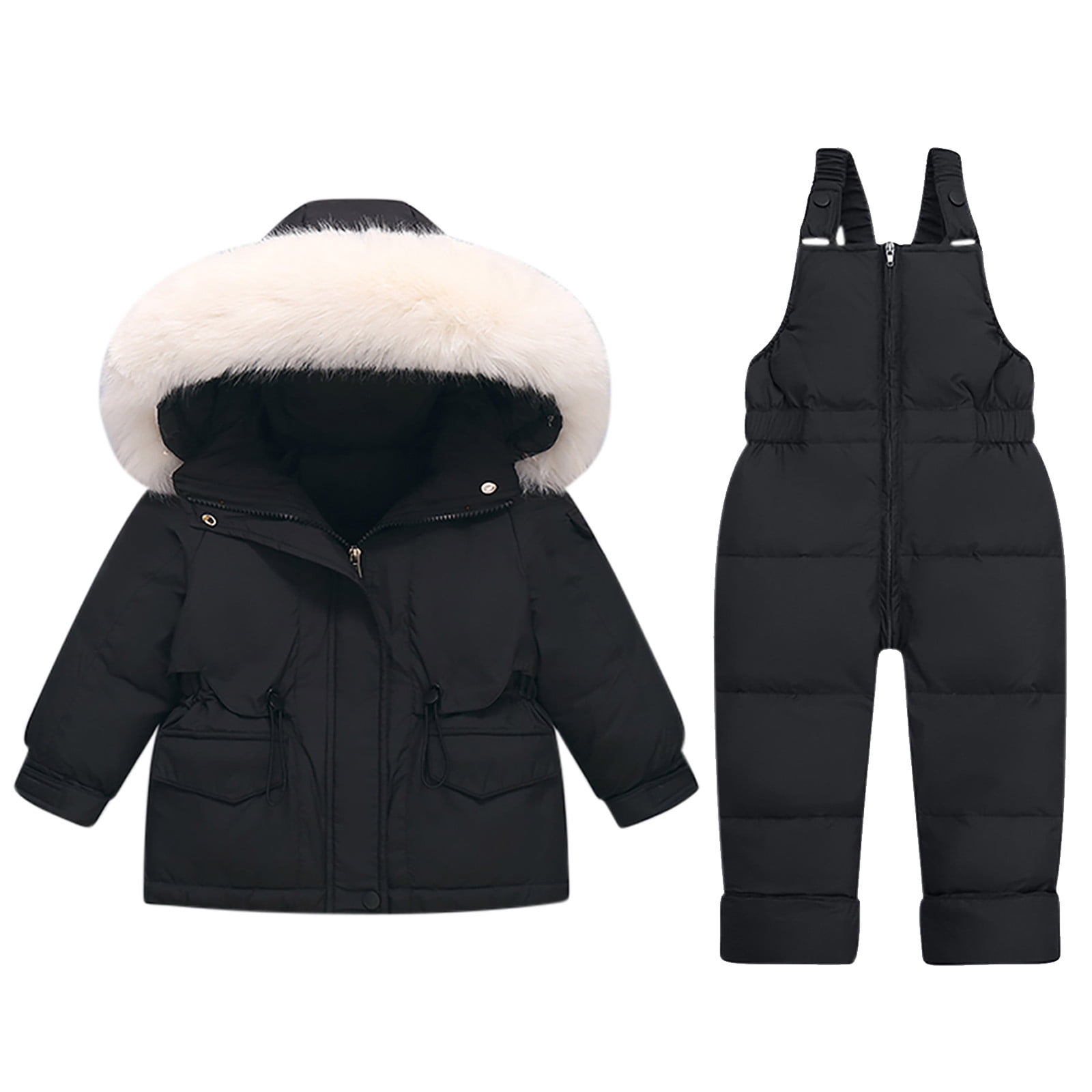Jinhomg Unisex Baby Winter Snowsuit 2 Piece Toddler Warm Suits 2025 Trendy Windproof Faux Fur Trim Hooded Puffer Coat with Snow Bib Pants Sets Summer Saving Black 2 Years
