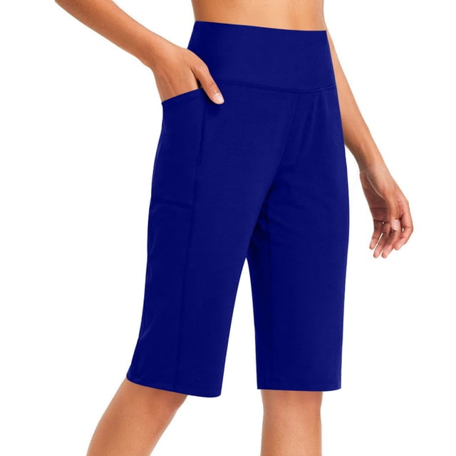 Pantalones de Yoga de Cintura Alta para las Mujeres Color Sólido Cadera Bolsillos Elásticos Medio Pantalones Cortos, Pantalones Deportivos de Fitness, Poliéster Toda la Temporada
