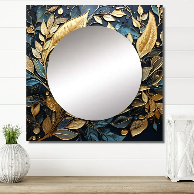 Designart "Wintery Charm of Black and Gold Leaves II" Leaves Square Mirror For Wall Decor - Large Gold Square Printed Wall Mirror Art - Square Traditional Mirror - Wall Mounted Square Large Mirror