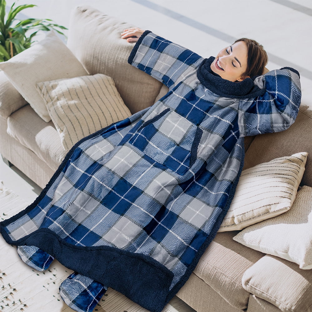 PAVILIA Sherpa Blanket with Sleeves and Foot Pocket Women Men Adult Fleece Wearable Blanket Sleeved Throw Wrap Thick Hug Sleep Pod Snuggle Blanket