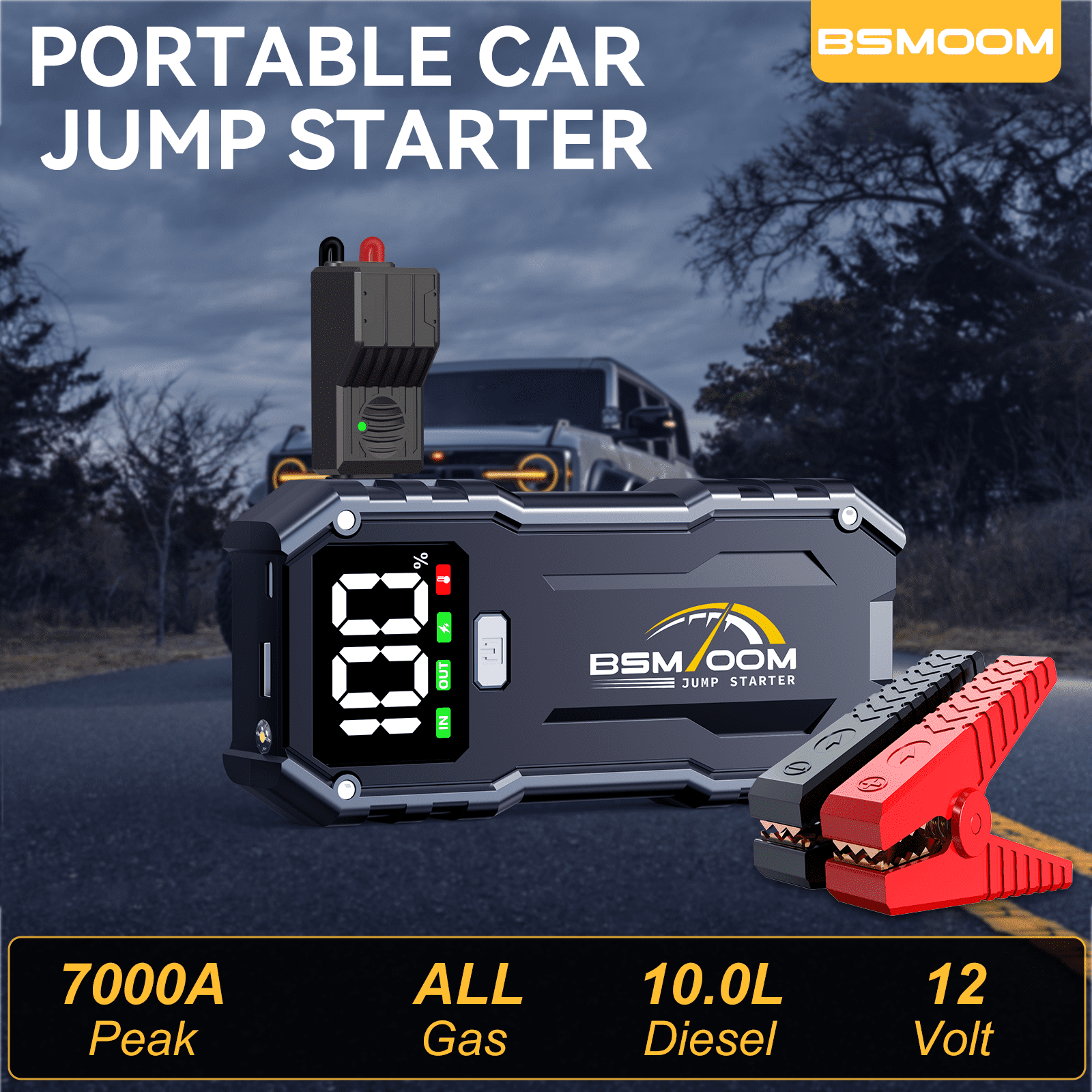 BSMOOM 7000A Car Jump Starter, 26800mAh Car Jump Starter Battery Pack for up to All Gas/10.0L Diesel Engines, 12V Portable Jump Box with LED Display, LED Light, Power Bank with Type-C Port