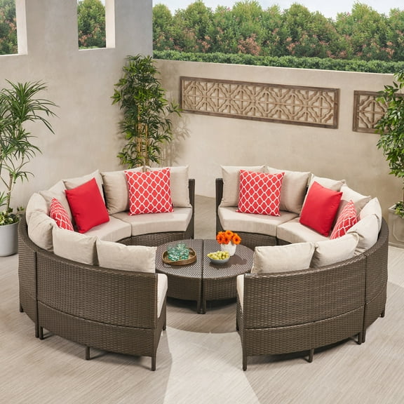 Hampton Outdoor 16 Seater Wicker Sofa Set with Cushions, Light Brown, Ceramic Grey