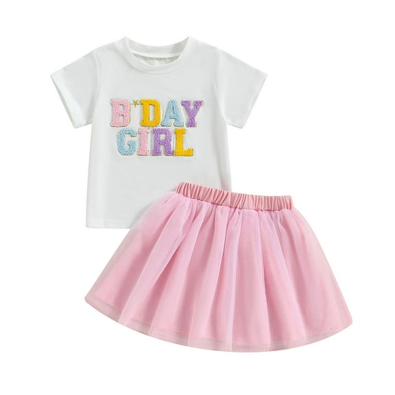 Musuos Little Girls Summer Skirt Outfits 1-6 Years Letter Embroidery Short Sleeve Round Neck T-shirt with Tulle Mini A-Line Skirt Set