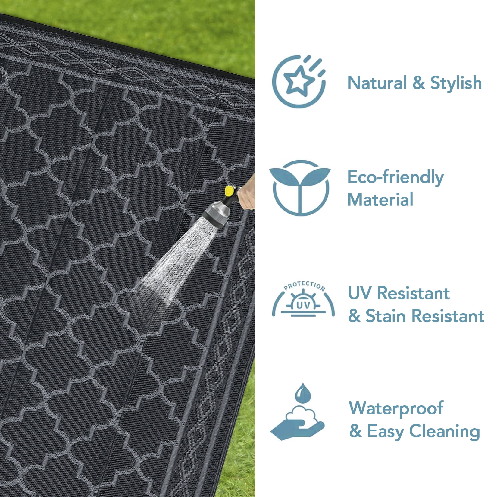 HIWEAVER 5' x 8' Black/Gray Outdoor Rug PP Plastic Straw Woven Waterproof Patio Rug with Border Portable Outside Carpet for Balcony Deck Picnic Garden Decor