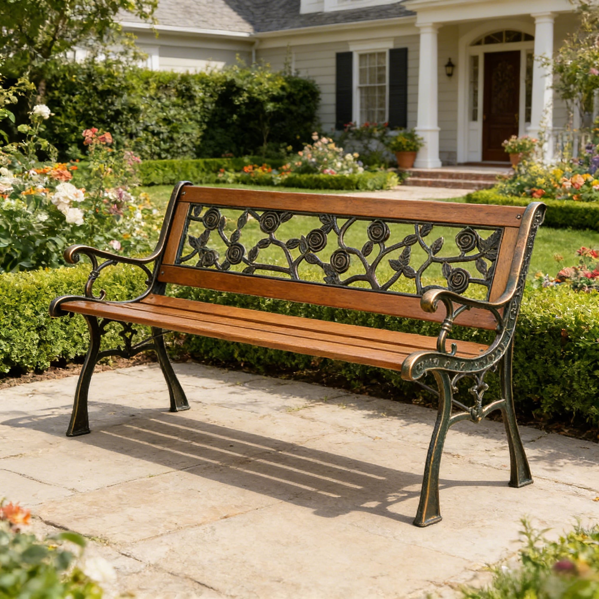 Ktaxon 49" Patio Furniture Rose Style Park Hardwood Bench Bronze, Wooden Bench, Outdoor Bench for Garden, Entrance, Lawn, Park