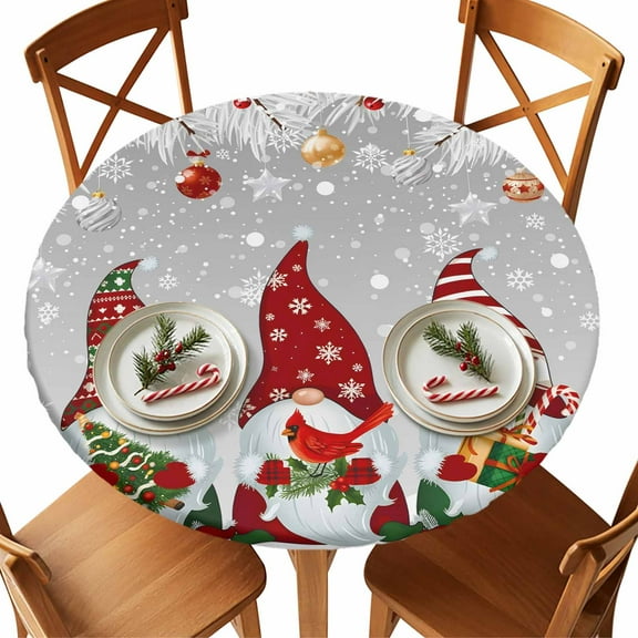 Round Tablecloth Red Christmas Gnomes Elastic Edge Fitted Grey Snowy Pine Tree Branch Xmas Balls Plastic Table Cover,Waterproof Oil Proof for Dinner,Outdoor, Picnic, 36" - 44"  DIA Tables