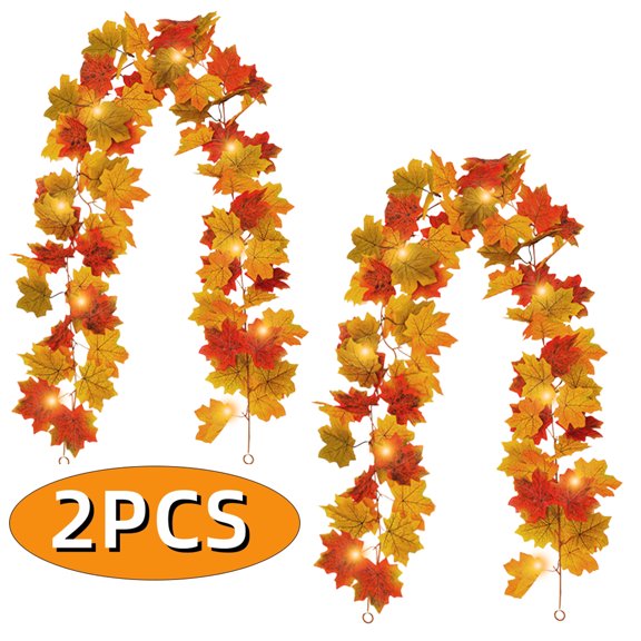 Fall Thanksgiving Garlands Maple Leaf Vines with Lights for Home Decoration Artificial Autumn Yellow Hanging Fall Fake Plants for Fireplace Mantle Thanksgiving Wedding Party Favors 2PCS Design 1