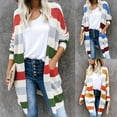 thumbnail image 4 of Women Color Block Striped Cardigan Long Sleeve Open Front Chunky Knit Sweater Coat Knee Length Loose Outwear with Pocket, 4 of 19