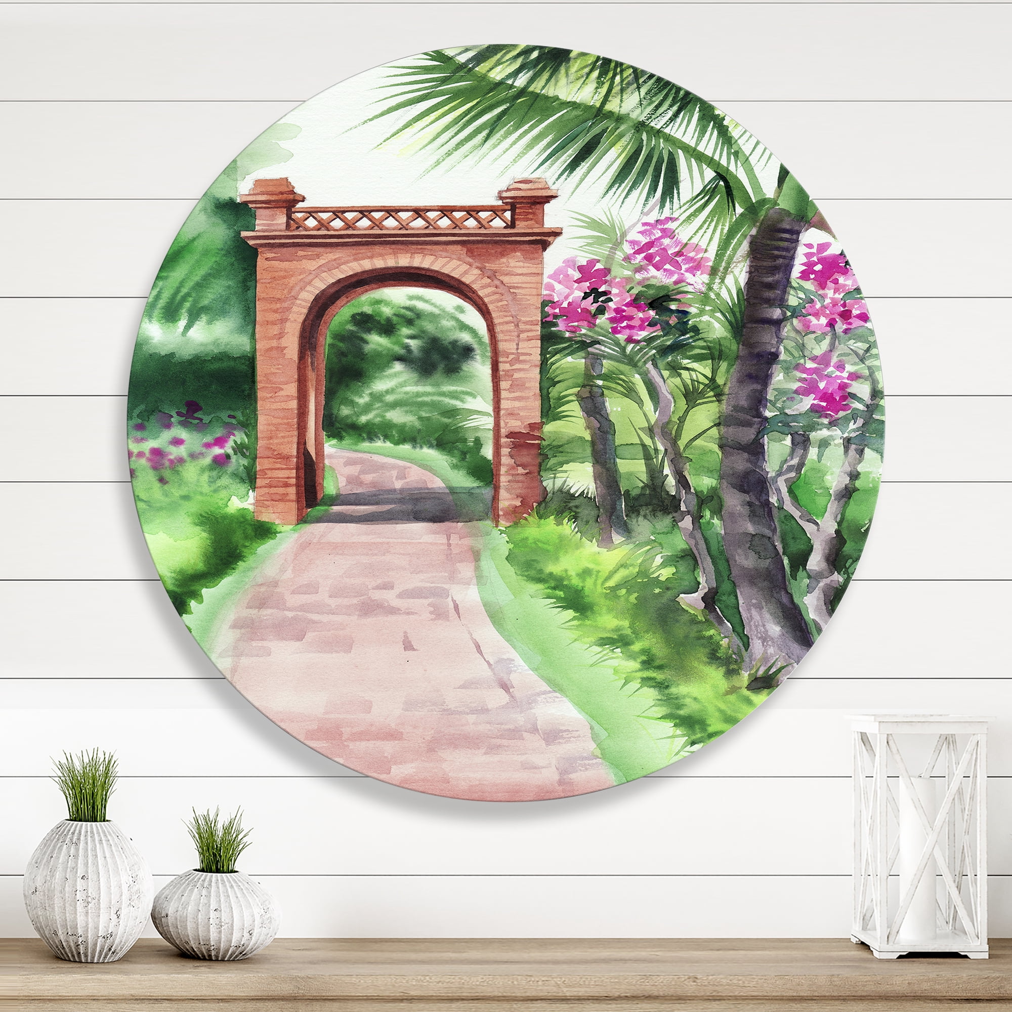 Designart 'Traditional Gate On Path In Tropical Oasis' Tropical Circle Metal Wall Art 11x11 - Disc of 11