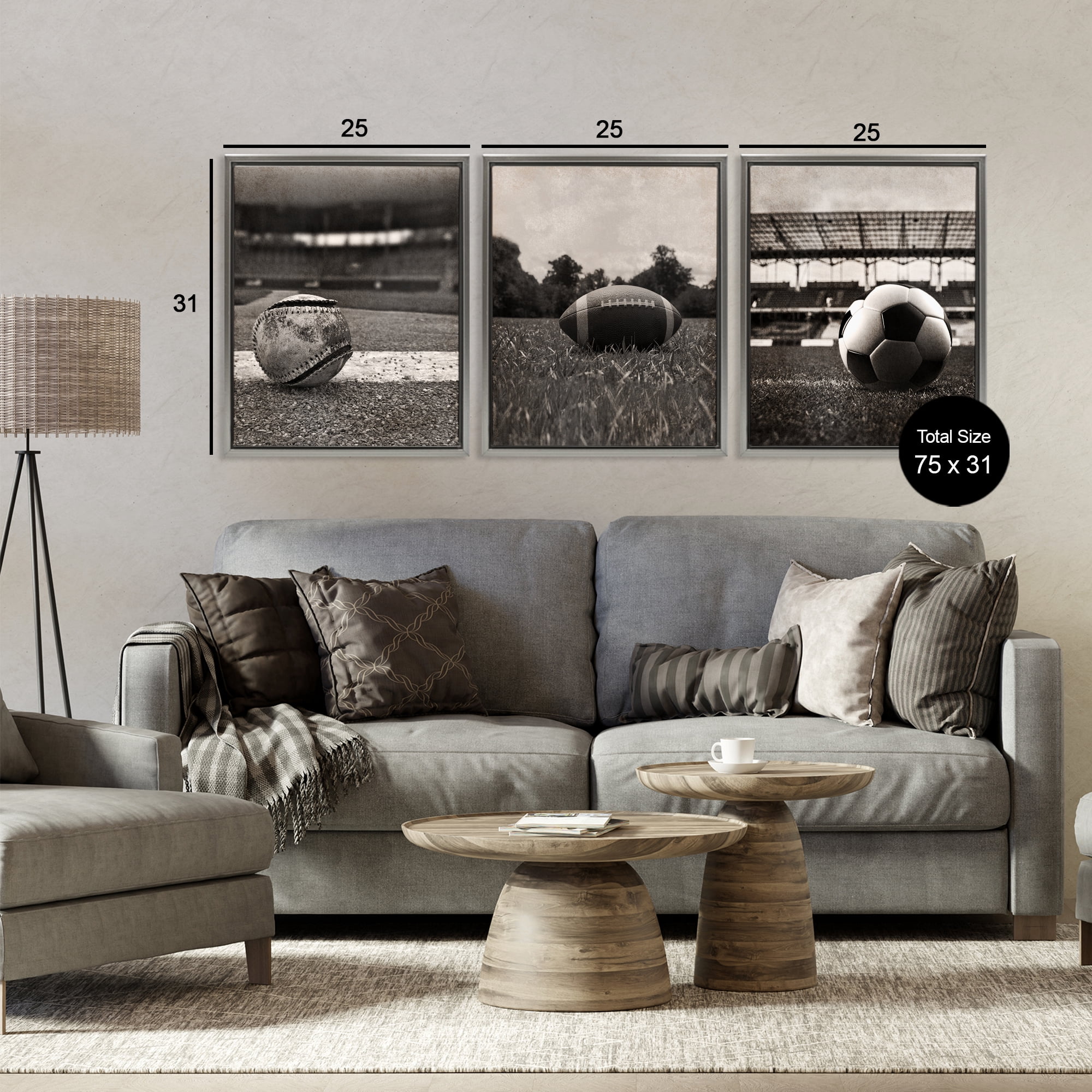 Stupell Industries Vintage Sports on Field 3 Piece Gray Framed Floater Canvas Set, design by Marcus Prime