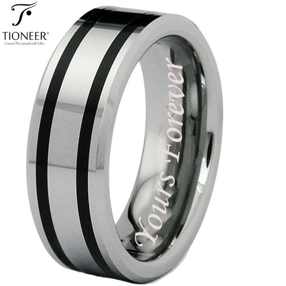 Tioneer Tungsten Carbide Polished Dual Black Resin Strip Inlay Wedding Ring Band Yours Forever Engraved 8MM