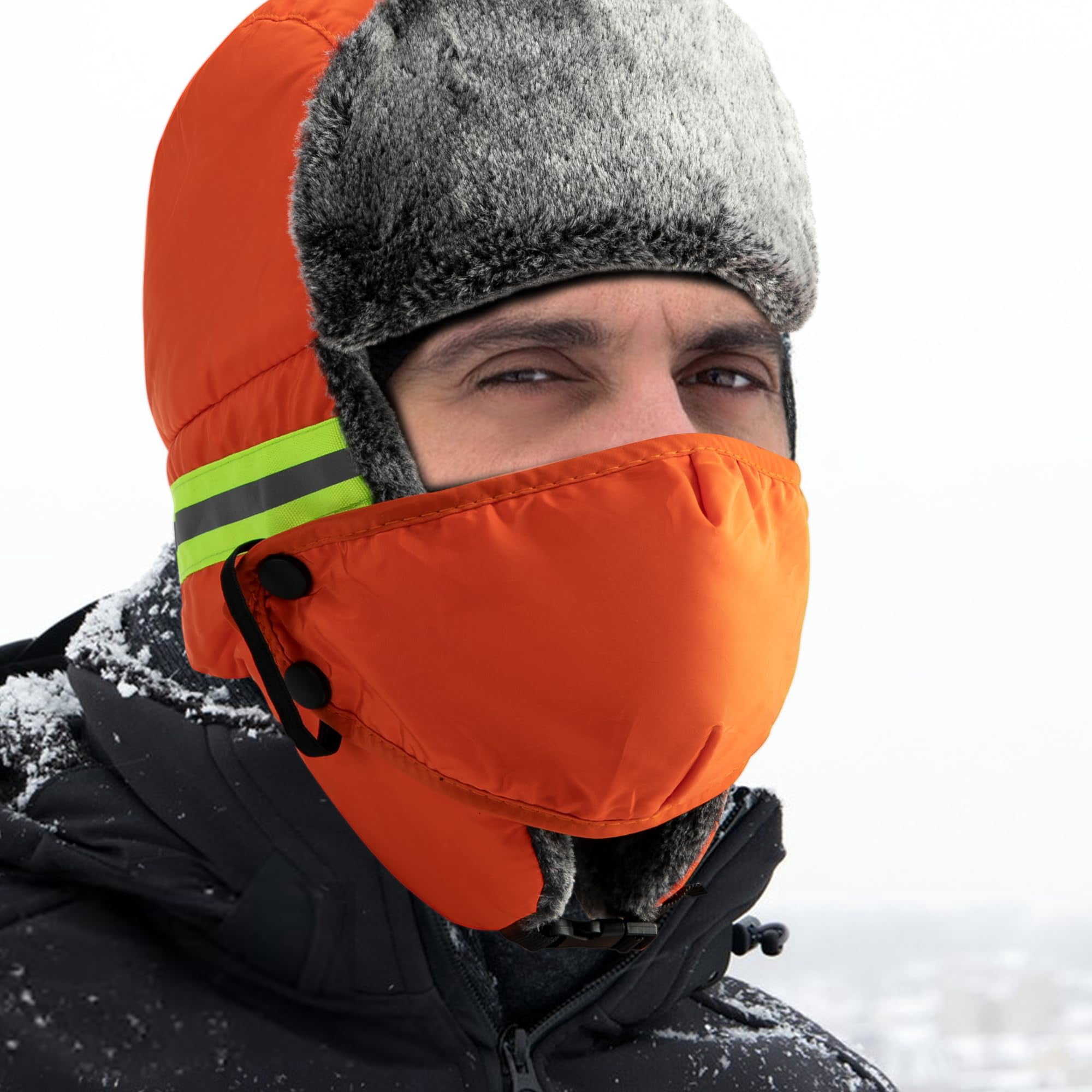 MODANU 2Pcs Winter Reflective Trapper Hat with Ear Flaps Face Mask Waterproof Windproof Warm Faux Fur Lined Hunting Hat for Men and Women