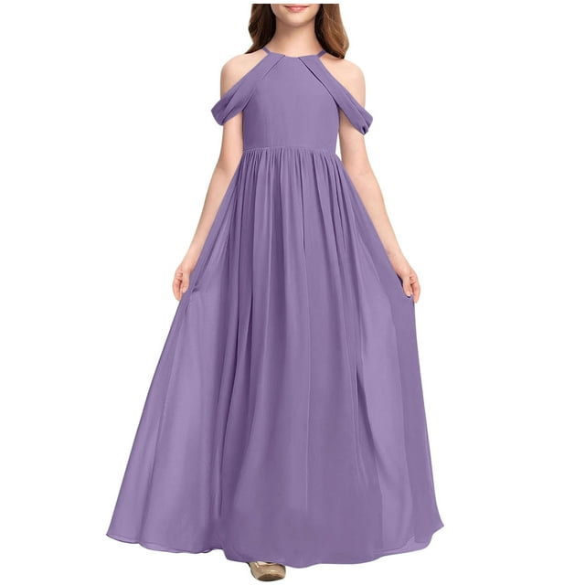 Ashirexll Robes Filles Sans Manches Col Rond Couleur Unie Robe en Tissu Chiffon Longueur Longue Café 6-7 Ans