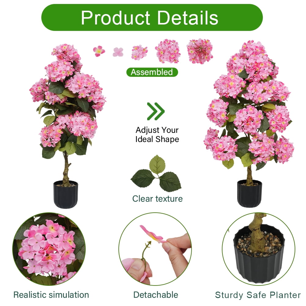 2Sets-3Ft Simulation Hydrangea Tree, Equipped with Realistic Pink Hydrangea Flowers and Evergreen Leaves, Suitable for Indoor and Outdoor Bonsai and Artificial Flower Decoration