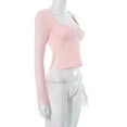 thumbnail image 3 of Lenpel Women's Crop Tops Long Sleeve Square Neck Ruched Side Split Slim T-Shirts Cropped Tee Blouses Going out Tops(Pink,X-Small), 3 of 5