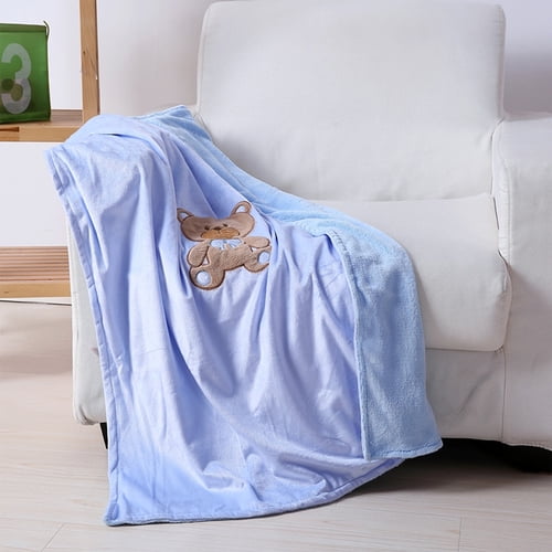 Embroidery Teddy Bear Baby Blanket 40" x 30" Blue Pink & Cream Soft Warm & Cozy 