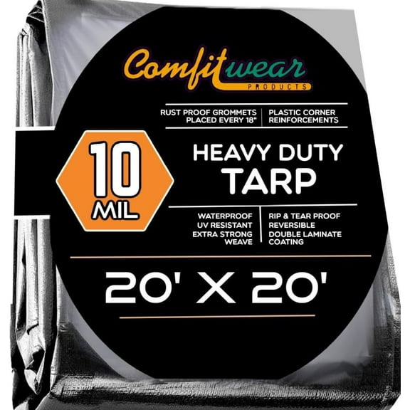 20' x 20' Heavy Duty Silver/Black Waterproof UV Blocking 10 Mil Poly Tarp Camping Boating Outdoors Waterproof Tarp