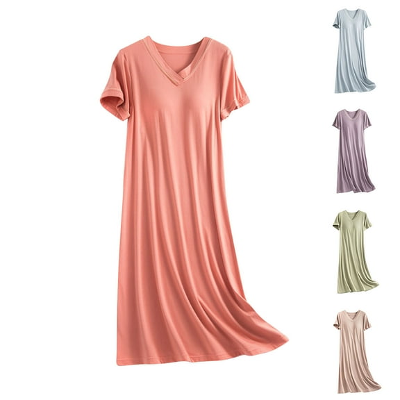 FRSASU Women's Short Sleeve Modal Solid Nightgown with Chest Cushion Loose and Comfortable Long Nightdress Purple