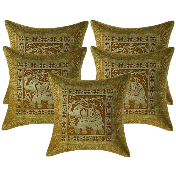 Stylo Culture Indian Decorative Throw Pillow Covers 16 x 16 Jacquard Gold Square 40x40 cm Home Decor Brocade Elephant Floral Zippered Cushion Covers | Set Of 5
