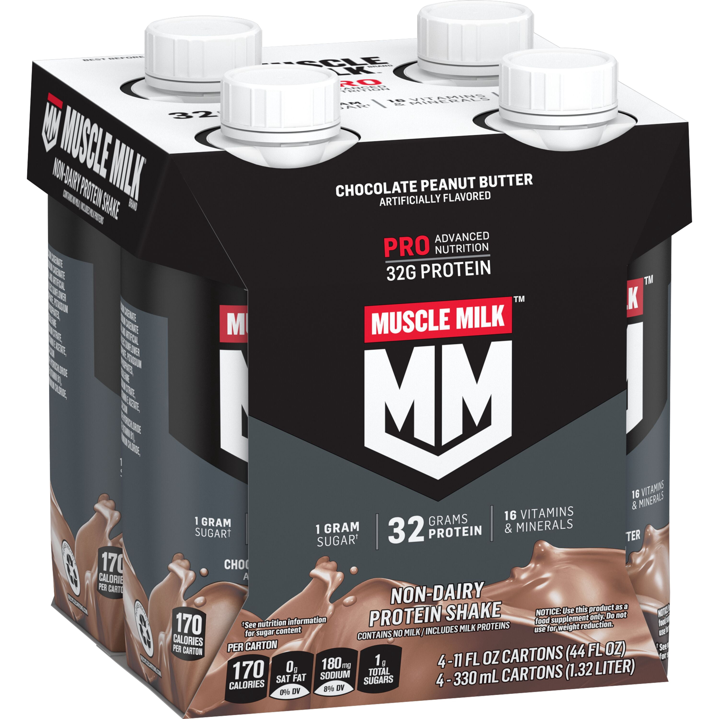 Muscle Milk Pro Advanced Nutrition Protein Shake, Chocolate Peanut Butter, 11 Fl Oz Carton, 4 Pack, 32g Protein, 1g Sugar
