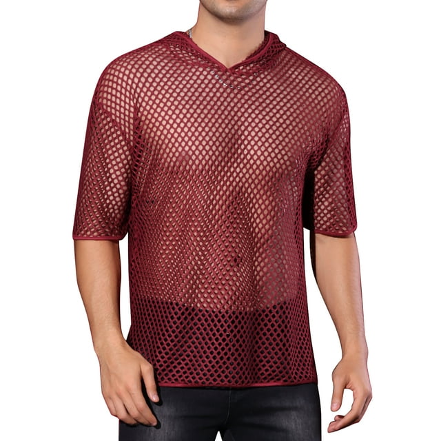 INSPIRE CHIC Sheer Mesh T-Shirts for Men's See Through Short Sleeves Club Tee Tops with Hood S Red