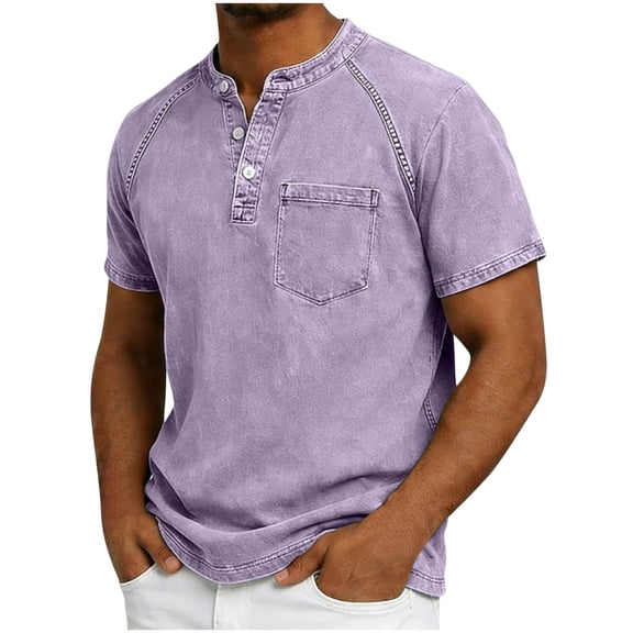 Xzbqbs Men's Washed Denim Stand Collar Shirt Short Sleeve Half Button Summer Casual Tops Solid Color Lightweight Fashion Wear Tunics with Pockets