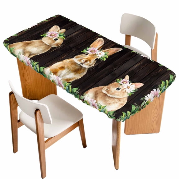 Easter Bunny Table Cloths for 4 Foot Rectangle Tables, Spring Daisy Botanical Leaves Brown Wood Patio Waterproof Elastic Fitted Tablecloths, Washable Rectangular Table Cover for Camping
