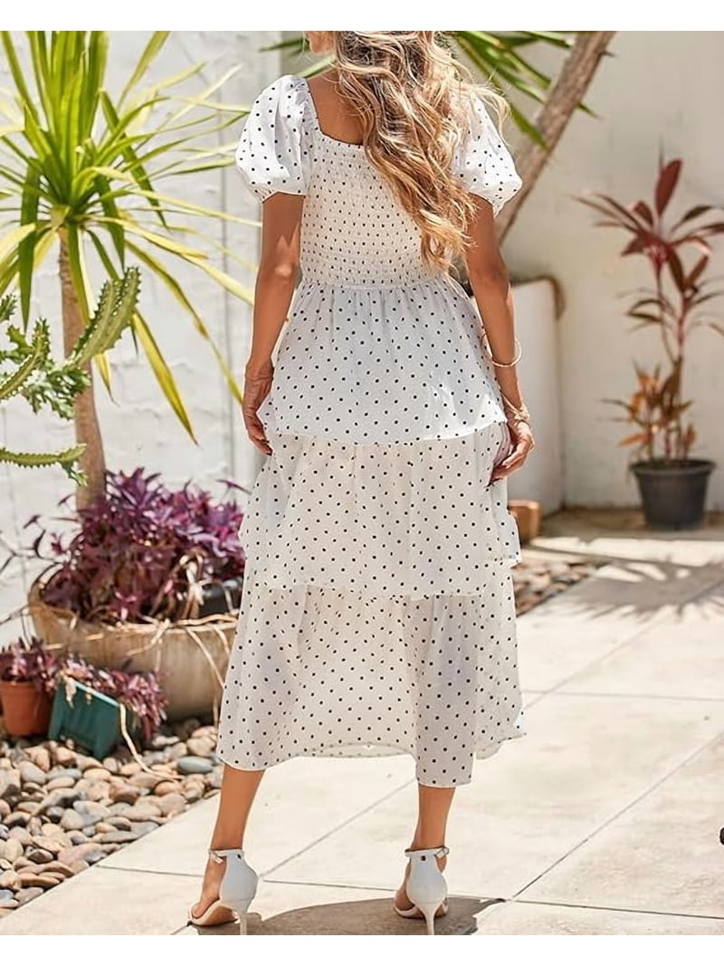 BTFBM Womens Square Neck Smocked Dress Summer Puff Short Sleeve Floral Casual Ruffle Tiered Maxi Wedding Guest Dresses