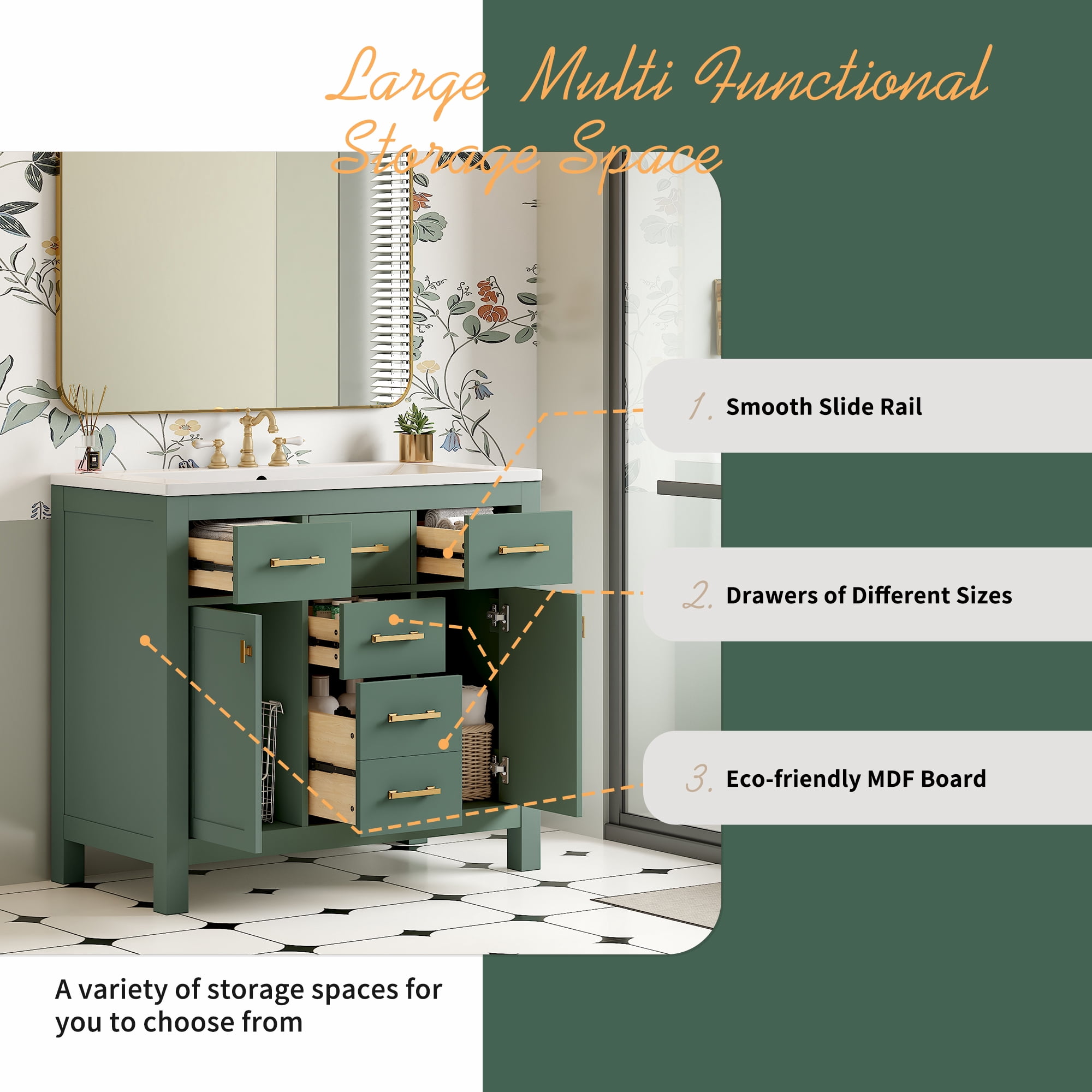 Harper & Bright Designs 36" Bathroom Vanity Sink Combo, Bathroom Storage Cabinet with Drawers, Single Sink Bathroom Vanity with Solid Wood Frame, Green