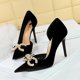 thumbnail image 3 of Zapatos de tacón alto para mujer, para banquetes, con boca poco profunda, puntiagudos, de gamuza gruesa, huecos laterales, para bodas, con hebilla de agua y diamantes de perla, 3 of 5