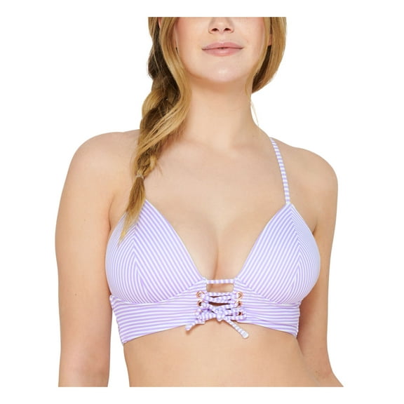 HULA HONEY Women's Purple Stretch Push-Up Lace-Up Grommets Tie Bikini Fixed Cups Deep V Neck Swimsuit Top S