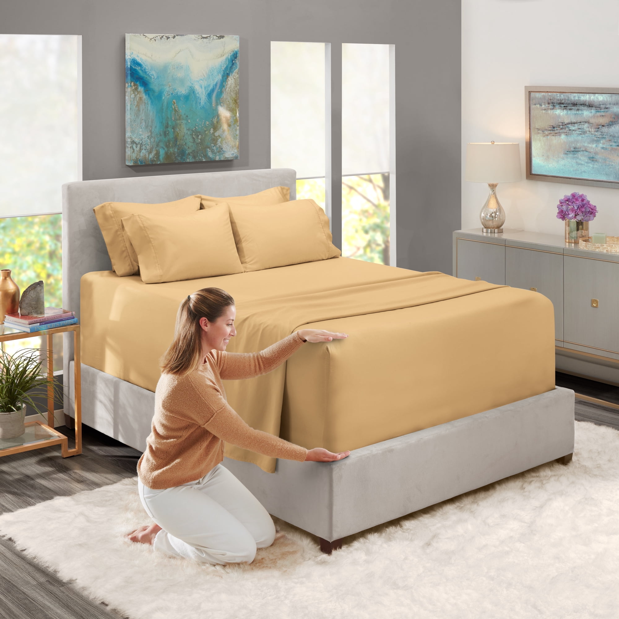 Nestl Extra Deep Pocket Queen Sheets - 6 Piece Soft Microfiber Bed Sheets Set Fits 18 -24 Mattresses Camel Gold