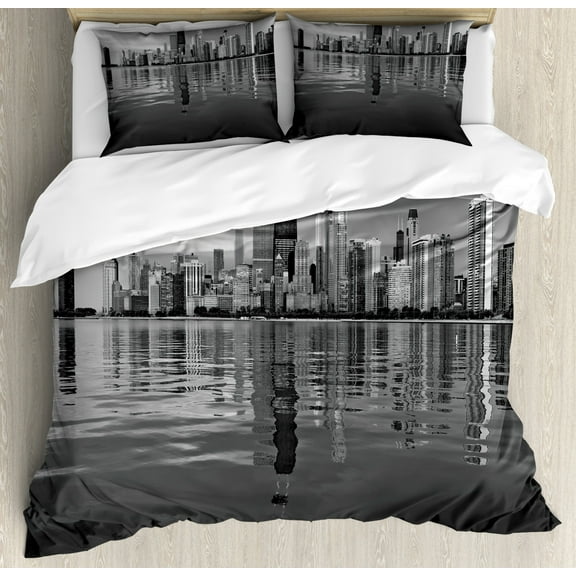 Chicago Skyline Duvet Cover Set Queen Size, Nostalgic Weathered Lake Michigan Harbor Coastal Town Urban Vintage, Decorative 3 Piece Bedding Set with 2 Pillow Shams, Black White, by Ambesonne