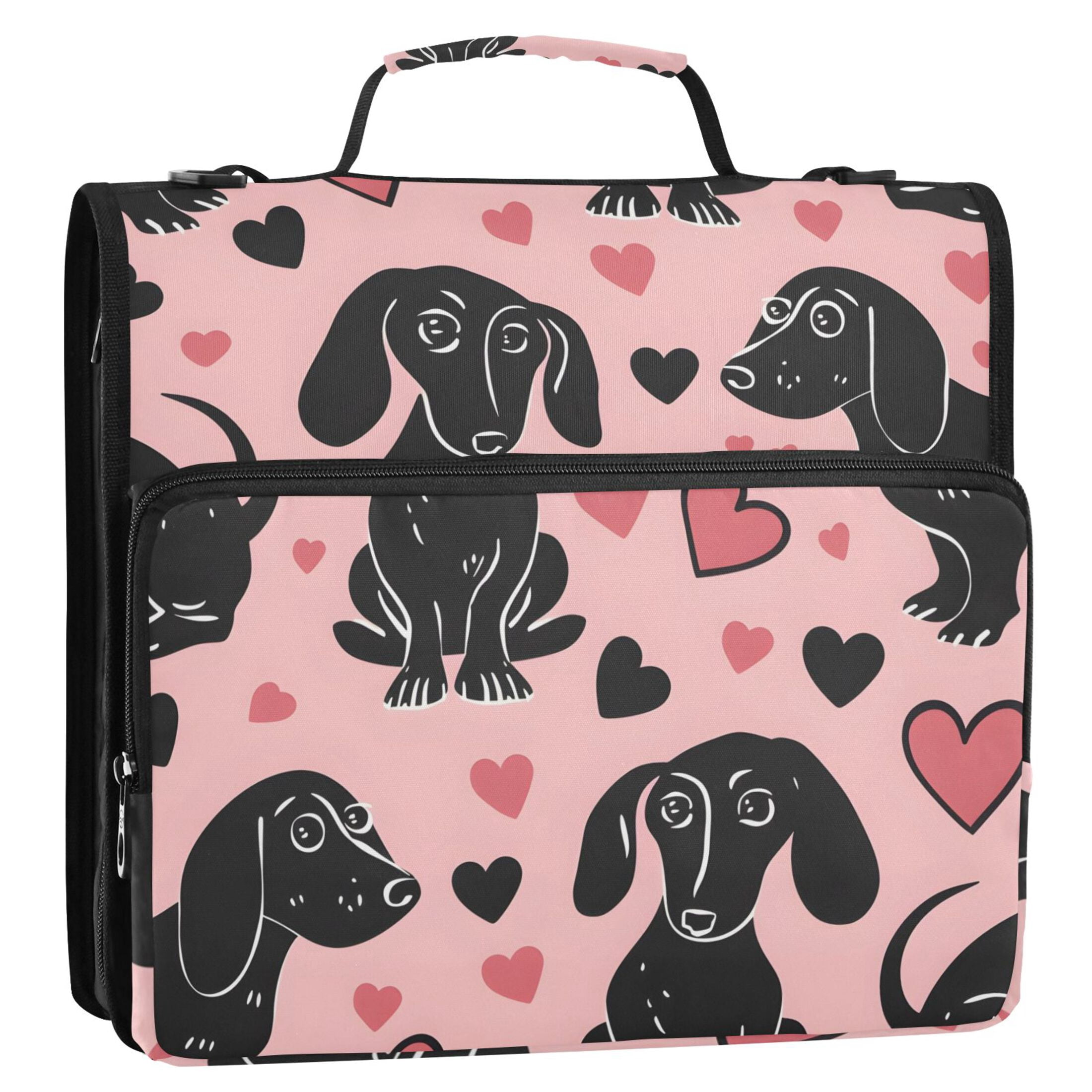 3 Ring Zipper Binder with Shoulder Strap Waterproof Trapper Keeper 2 Inch D-Ring 500 Sheets Capacity Dachshund Dogs and Heart