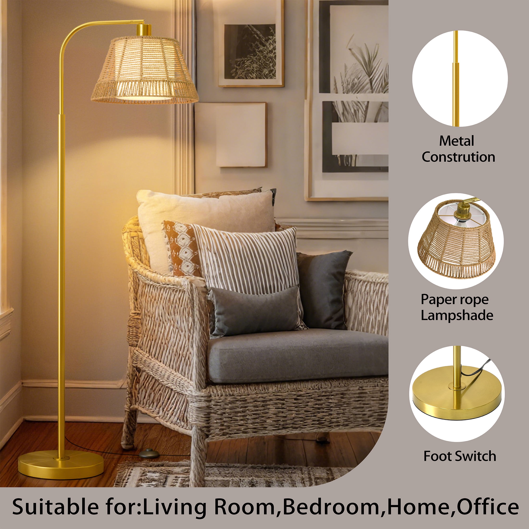 Oneach 62.5" Boho Metal Floor lamp with Bell Rattan Shade,Farmhouse Gold Standing Tall Lamp for Living Room Bedroom,Home,Office