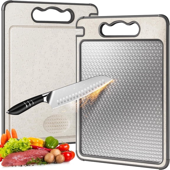 LAIDER HEROS Food Grade Cutting Board for Kitchen, 14.3"x9.8", Double-Sided 304 Stainless Steel & PP,  Chopping Board with Juice Grooves, Beige