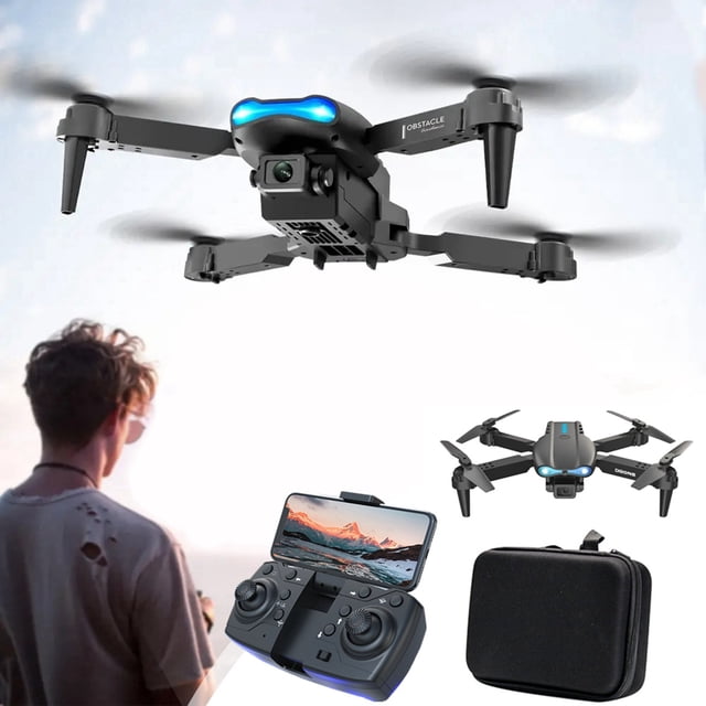 teissuly drone with dual 1080p hd fpv camera remote control toys, gifts for boys girls with altitude hold headless mode start speed adjustment Dron cuadricóptero negro plegable, vista frontal en vuelo con hélices girando y tira LED azul encendida; cámara dual 1080p frontal y inferior en cardán visible, control remoto 4CH con teléfono mostrando FPV por WiFi y estuche de transporte negro; peso debajo de 250 g, funciones visibles: mantenimiento de altitud y modo headless; a menudo usado también para práctica de fotografía aérea básica.