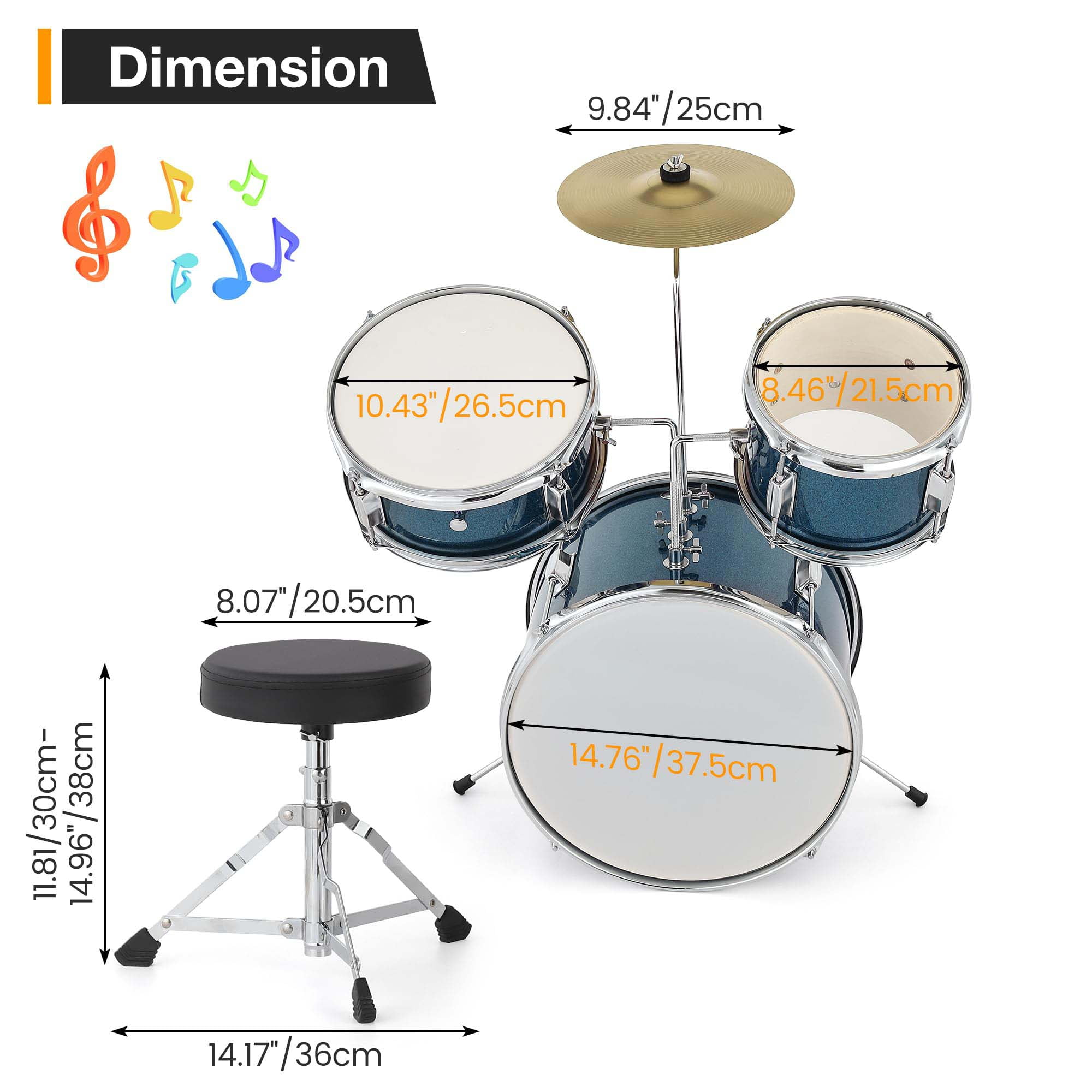 Huisuilinss Kids Drum Set For Musical Instruments,3-Piece Junior Drum Sets For Beginner,With Bass,Tom-Tom,Snare,Cymbals,Hi-Tone,Sticks,Base Pedal And Stool