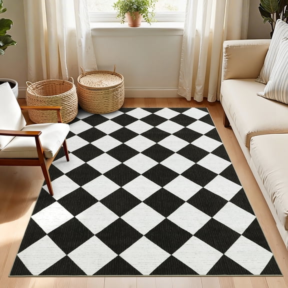 Garvee 5'x7' Modern Checkered Area Rug Washable Rug, Soft Low Pile Non Slip Diamond Carpet Plaid Print Rug for Living Room Bedroom Dining Room, Black