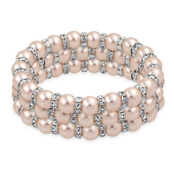 Bling Jewelry Womens Set of 3 Light Pink Simulated Pearl Stretch Bracelets with Crystal Spacers