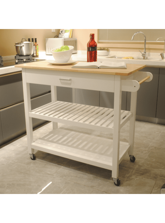 Kitchen Island & Kitchen Cart, Mobile Kitchen Island with Two Lockable Wheels, Simple Design to Display Foods and Utensil Clearly, One Big Drawer Keeps Kitchen Ware from Dust. White + MDF