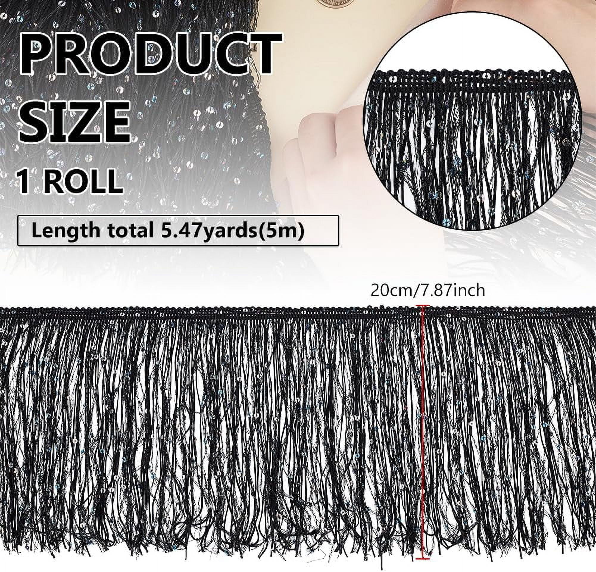 5M Paillette Tassel Polyester Ribbon Trim Clothes Accessories Black 7-7/8 inch(200mm) about 5.47 Yards(5m)/Bag