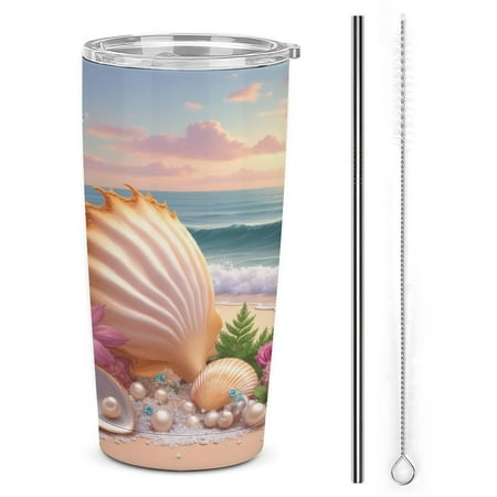 

Seashells And Flowers Beach Sunset Tumbler Print 20oz Stainless Steel Coffee Cup with Lid & Straw Double Wall Insulated Tumbler