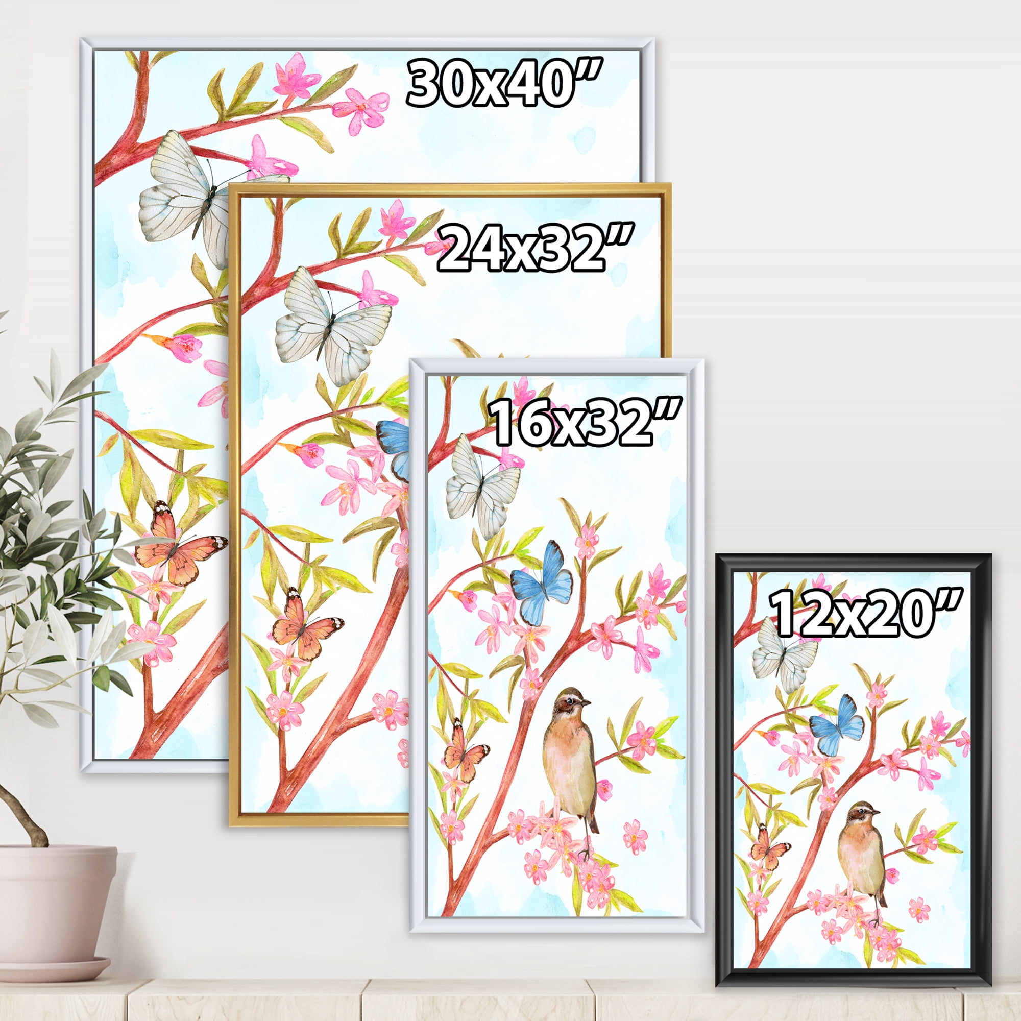 Designart 'Clever Bird Sitting On Branch of A Spring Tree With Butterflies' Traditional Framed Canvas Wall Art Print